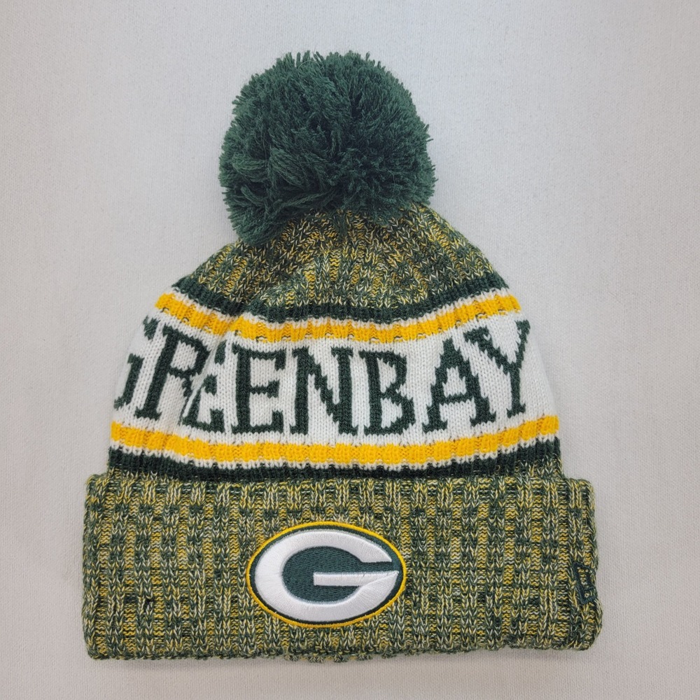 New Era Beanie Hat‎ Mens OSFM Green Gold Packers NFL Pom Fleece Lined Knit